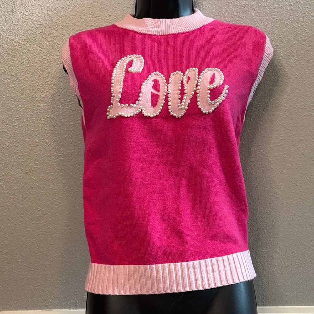 Stylish Pink Sleeveless Sweater with 'Love' Design